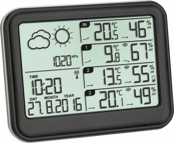 Statii meteorologice -  Statie meteo cu 3 transmitatoare wireless TFA 35.1142.01 ,neagra,Raza de actiune: 60 m,monitor de tensiune arterială ,
Data stampilei ,
higrometru ,
Prognoza meteo ,
Ceas