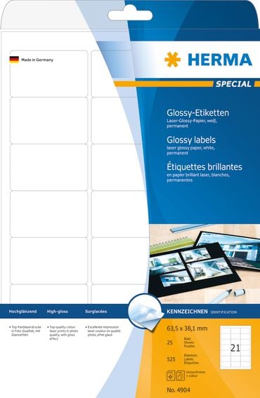 4904 etichete lucioase, A4, 63,5 x 38,1 mm,, hartie alba lucioasa, 525 buc (4904)