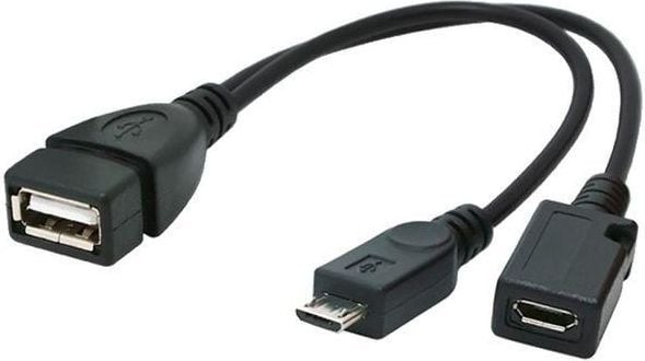 Cablu adaptor OTG , Cablexpert 06730, USB 2.0 mama la microUSB 2.0 tata si microUSB 2.0 mama, lungime 15cm, negru