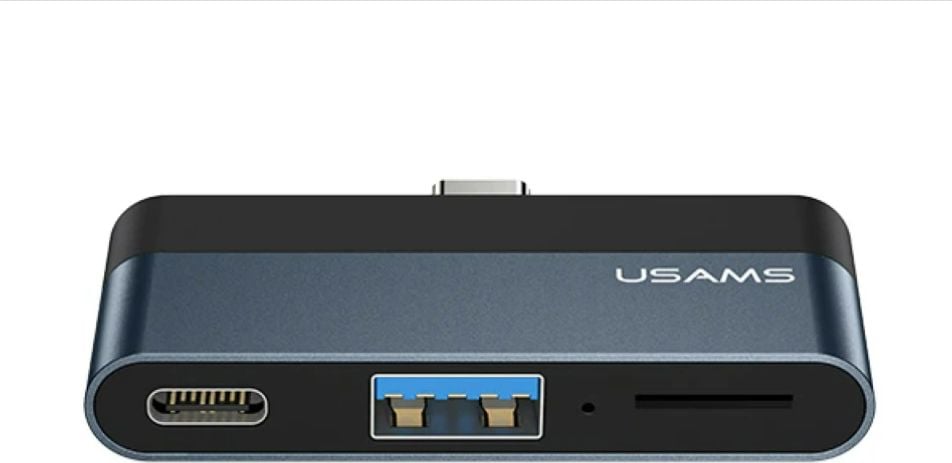 Adaptor Multiport Hub 3 in 1 US-SJ490, USB Type-C la USB 3.0, Micro SD, USB Type-C, Negru-Gri