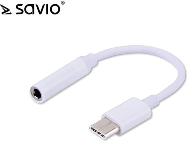 Adaptor audio Savio AK-35, USB tip C tata la Mini Jack 3.5 mm mama, Alb, Elmak