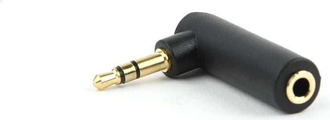 Adaptor audio stereo , Gembird, unghi drept de 90 grade, conectori auriti jack 3.5 mm tata la jack 3.5mm mama, minimizeaza indoirea cablurilor, negru