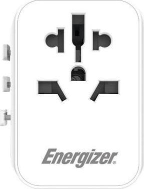 Adaptor AV Energizer Ultimate - Adaptor de călătorie UE / SUA / AU / Marea Britanie + 2x USB-A și USB-C certificat MFi (alb)