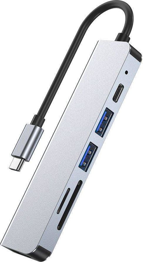 Adaptor HUB aluminiu 6-in-1 Tech-Protect V4 USB Type-C - 2x USB 3.0, 1x USB Type-C, 1x HDMI, 1x MicroSD, 1x SD, Gri