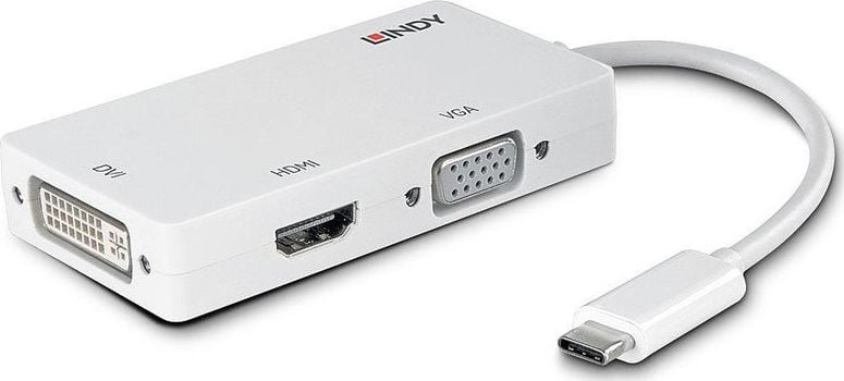 Adaptor Lindy LY-43273, USB-C - HDMI, DVI, VGA, White