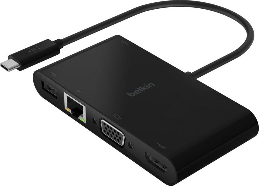 Adaptor multimedia Belkin, 100W, USB-C, USB-A 3.0, VGA, 4K HDMI, 15.5x103 mm, Negru