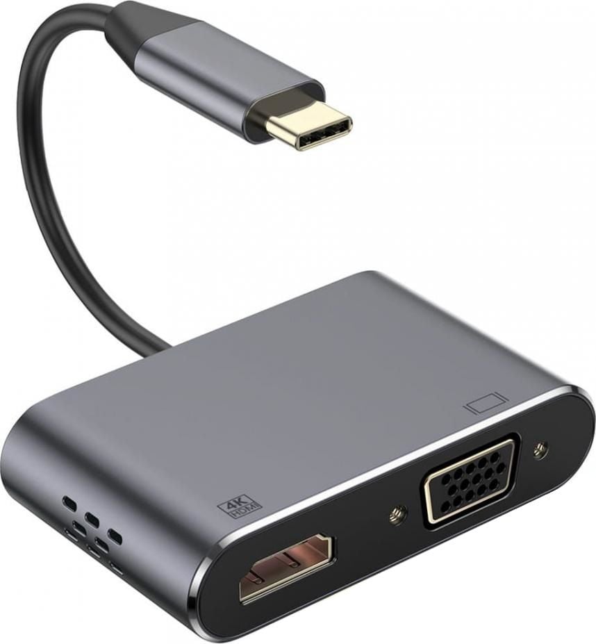 Adaptor multimedia USB tip C tata la HDMI mama si VGA mama, Platinet 45224, rezolutie maxima HDMI 4K la 30 Hz si VGA Full HD 1080p la 60 Hz