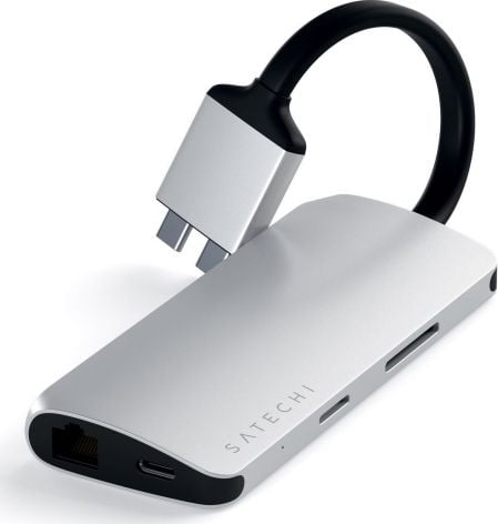 Adaptor Satechi USB-C Dual Multimedia la USB, 2 x HDMI 4K, Ethernet, Silver