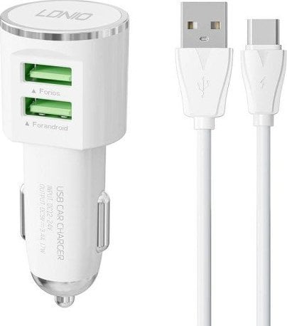 Încărcător LDNIO Încărcător auto LDNIO DL-C29, 2x USB, 3.4A + cablu USB-C (alb)