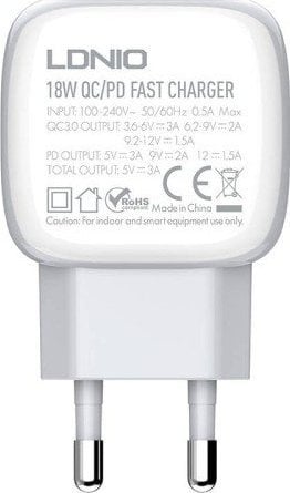 Încărcător LDNIO Încărcător de perete USB LDNIO A2313C, USB-C 20W + cablu USB la Lightning