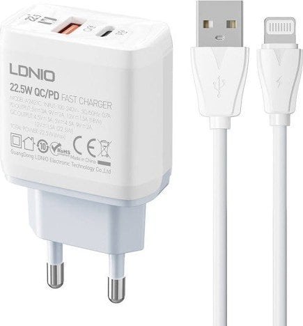 Încărcător LDNIO Încărcător de perete USB LDNIO A2421C, USB-C 22,5 W + cablu Lightning