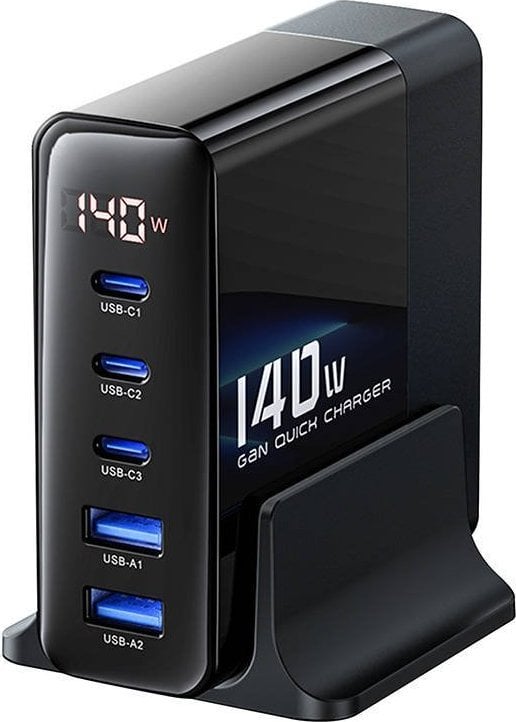 Incarcator Toocki 3xUSB-C + 2xUSB, GaN140W (negru)