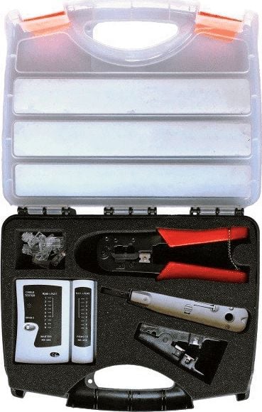 Alantec Set de instrumente de instalare într-o carcasă (tester, cuțit LSA, sertizare, stripper, mufe RJ45) -NI038