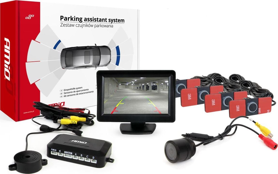 AMiO Zestaw czujników parkowania tft 4,3 z kamerą hd-310 4 sensory srebrne