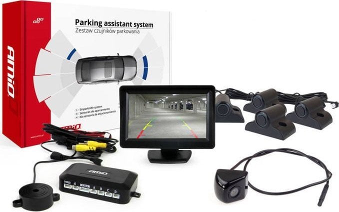 AMiO Zestaw czujników parkowania tft01 4,3` z kamerą hd-310 4 sensory czarne truck