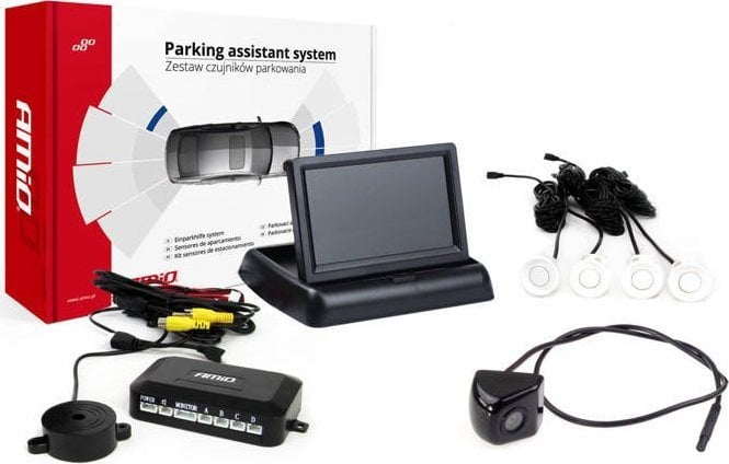 AMiO Zestaw czujników parkowania tft02 4,3` z kamerą hd-310 4 sensory białe
