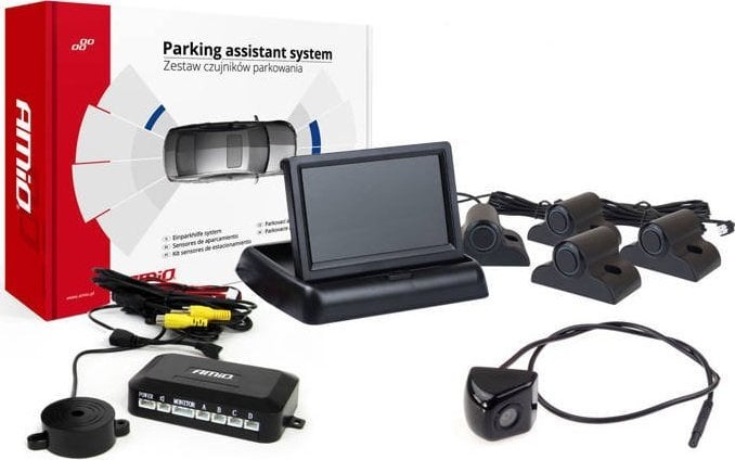 AMiO Zestaw czujników parkowania tft02 4,3` z kamerą hd-310 4 sensory czarne truck