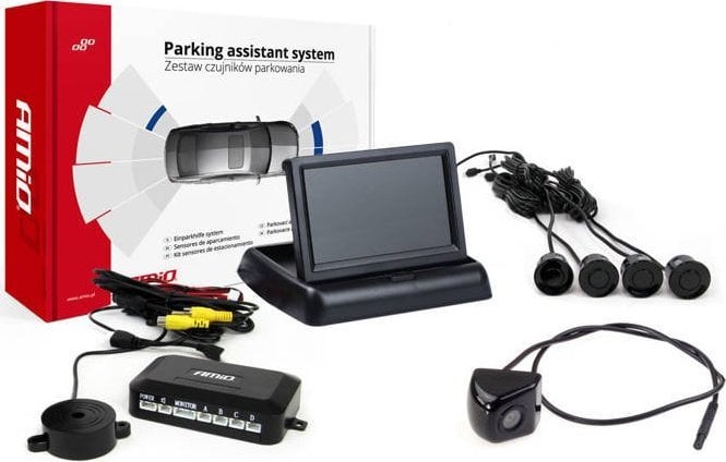 AMiO Zestaw czujników parkowania tft02 4,3` z kamerą hd-310 4 sensory czarne
