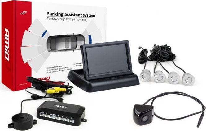 AMiO Zestaw czujników parkowania tft02 4,3` z kamerą hd-310 4 sensory srebrne