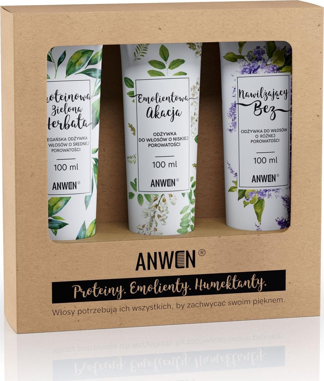 Anwen ANWEN_SET Balsam pentru păr cu porozitate scăzută Proteine ​​Ceai verde 100ml + Acțiune emolientă 100ml + Hidratant fără 100ml