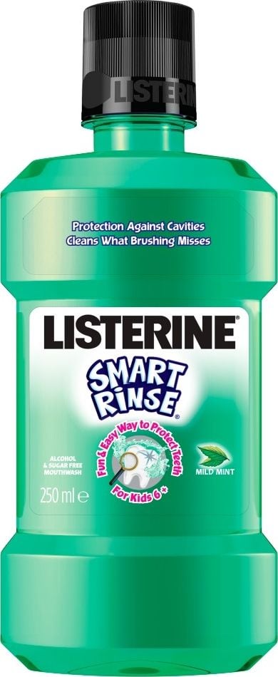 Apa de gură Listerine Smart Rinse pentru copii 6+ Mild Mint 250ml,Cu fluor,Proprietăți Protectie, Intarire