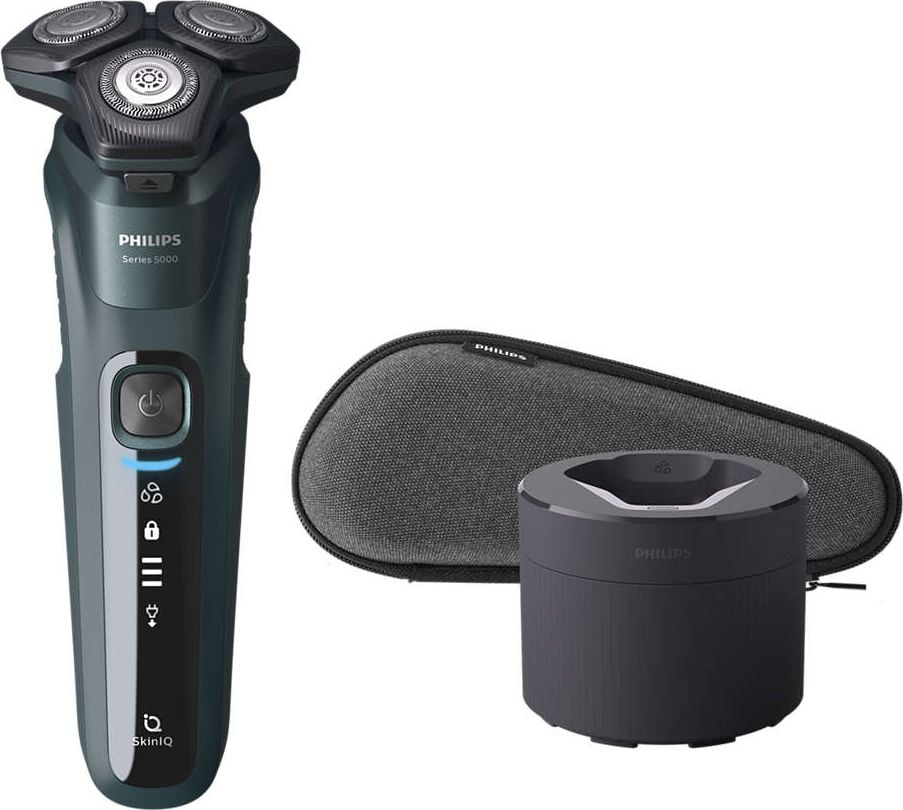 Aparate de ras electrice - Aparat de ras Philips Shaver Seria 5000 S5584/50, barbierit umed şi uscat, fara fir, tehnologie SkinIQ, capete flexibile 360&deg;, 60 min, toc de transport, cartus de curatare, Verde inchis