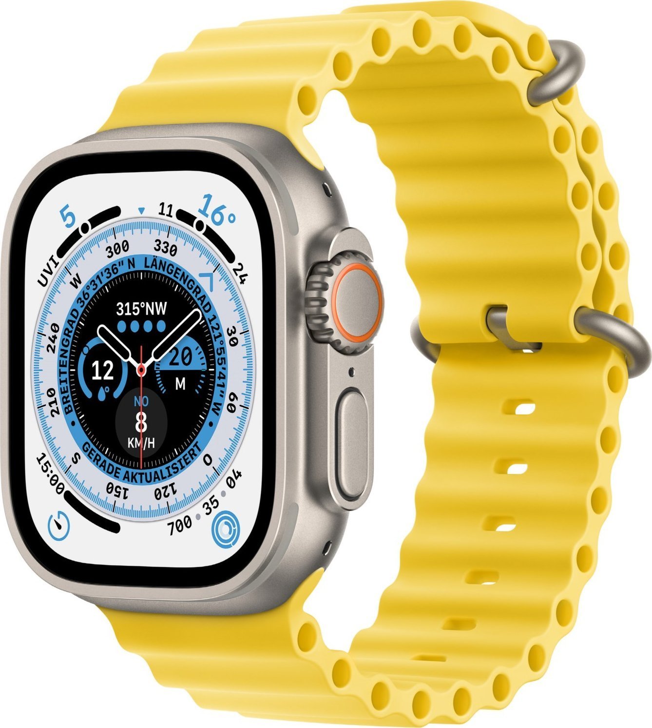 Apple Watch Ultra GPS + Ceas inteligent celular 49 mm Carcasa din titan Bandă oceanică galbenă (MNHG3FD/A)