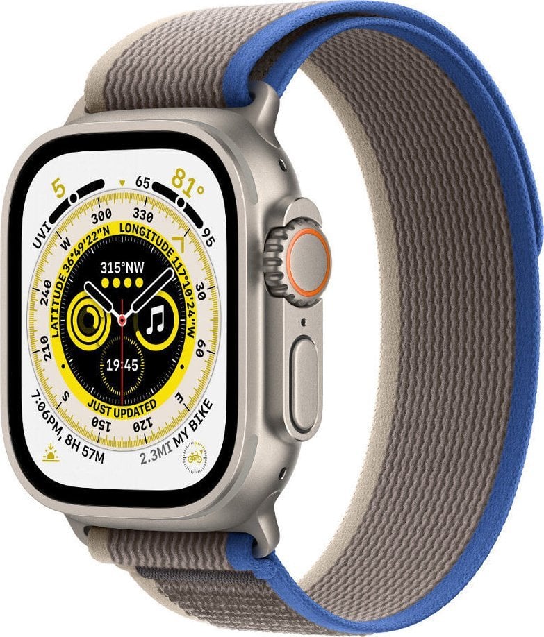 Smartwatch - Apple Watch Ultra GPS + Ceas inteligent celular 49 mm Carcasa din titan Trail Loop Mic/Medium Gri Albastru (MNHL3WB/A)