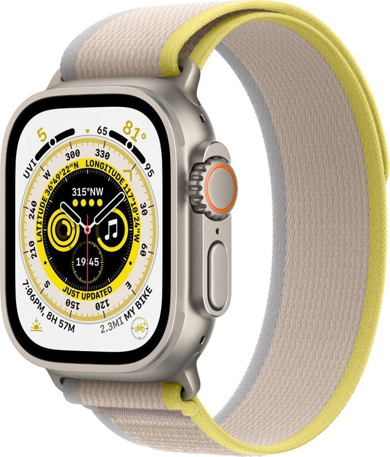 Apple Watch Ultra GPS + Ceas inteligent celular 49 mm Carcasă din titan Trail Loop Mic/Medium Gri/Galben (MNHK3WB/A)