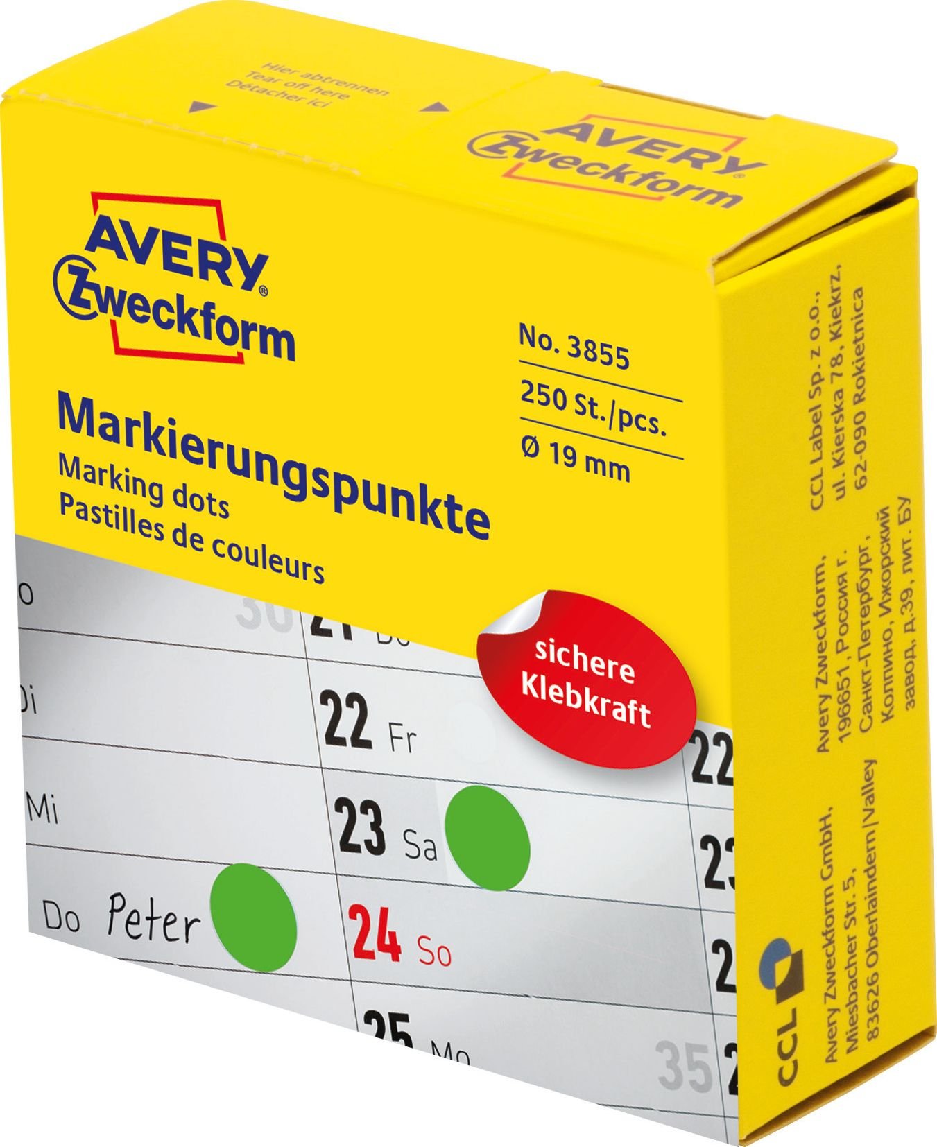 Cercuri de marcare Avery Zweckform în distribuitor Avery Zweckform, 250 buc/rolă, Ø19 mm, Verde, VERDE