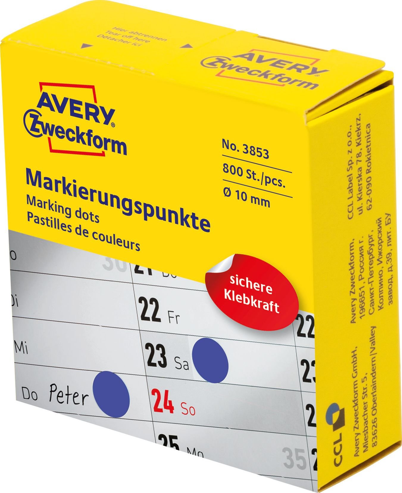 Cercuri de marcare Avery Zweckform în dozator Avery Zweckform, 800 buc/rolă, Ø10 mm, Albastru, ALBASTRU