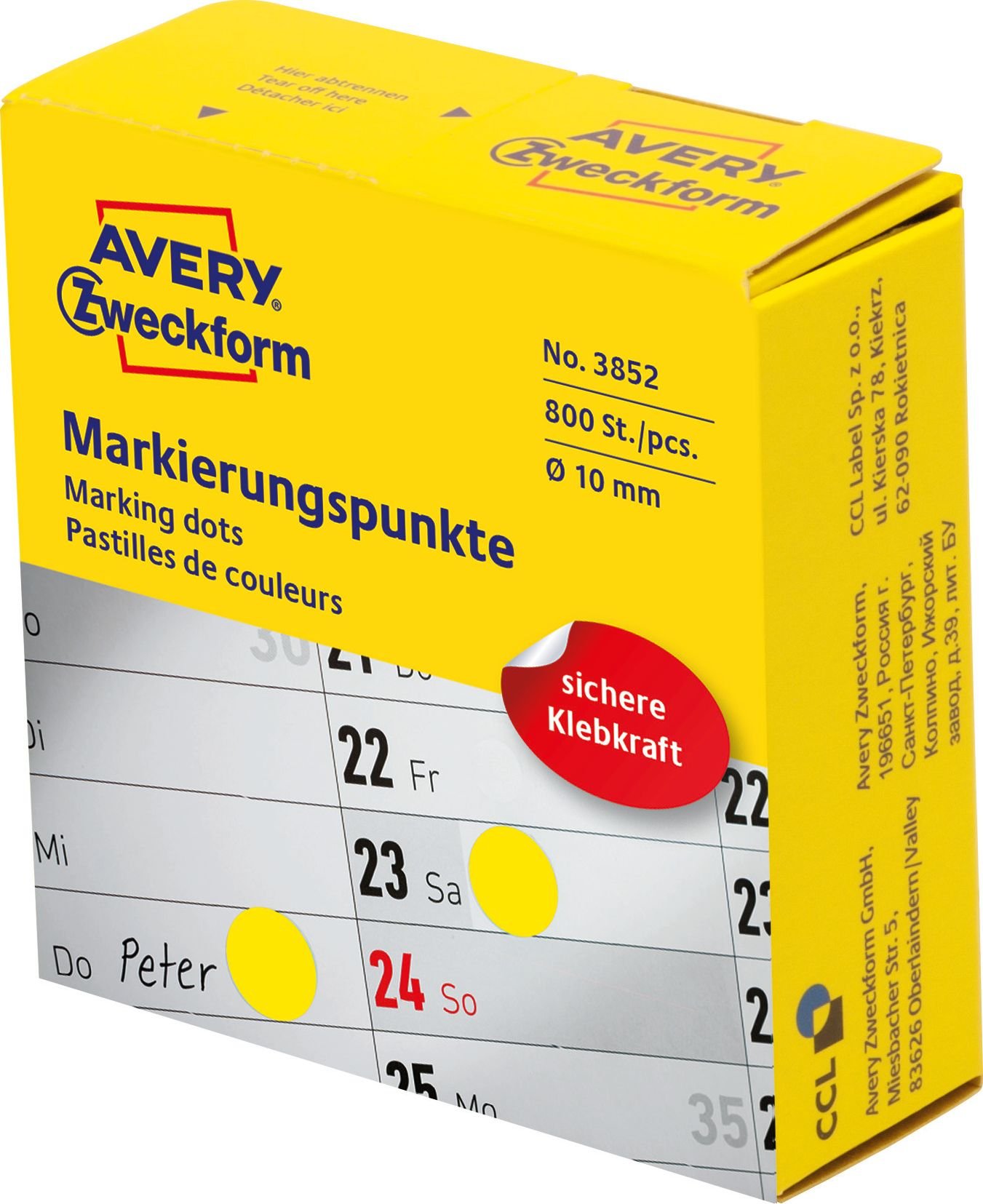 Cercuri de marcare Avery Zweckform în dozator Avery Zweckform, 800 buc/rolă, Ø10 mm, Galben, GALBEN