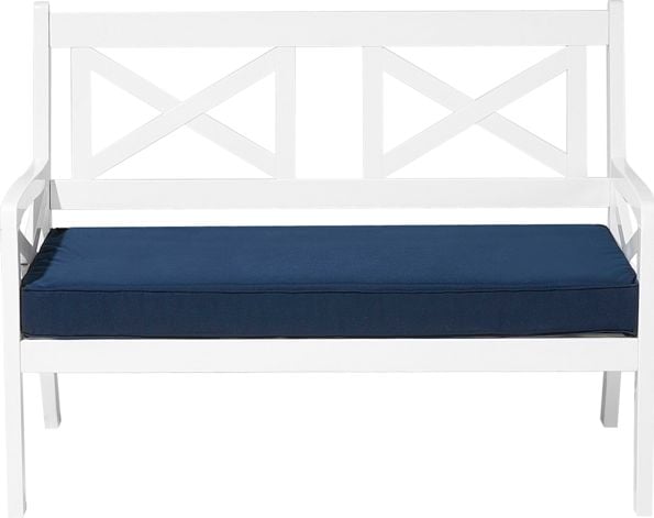 Banca de gradina Beliani 120 cm lemn alb cu perna albastra BALTIC