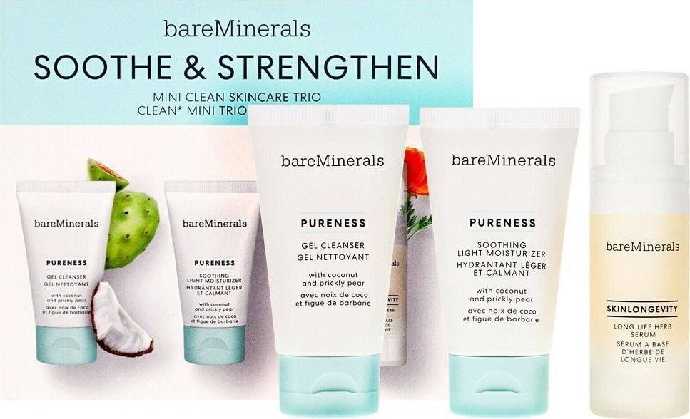 bareMinerals Soothe &amp; Strengthen Mini Clean Skincare Trio Set Gel de spălare pentru față 30 ml + Cremă ușoară hidratantă 30 g + Ser de față cu plante medicinale 15 ml