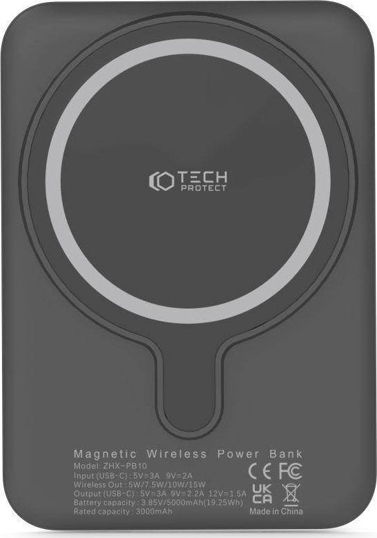 Baterie externa magnetica TECH-PROTECT LifeMag PB10 5000 mAh, compatibila MagSafe, 15W, Cablu USB-C, Negru