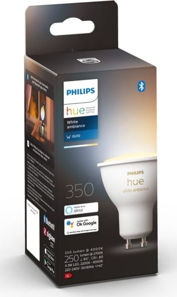 Bec LED inteligent Philips Hue, Bluetooth, Zigbee, GU10, 5W, 350 lm, lumina ambianta alba (2200-6500K)