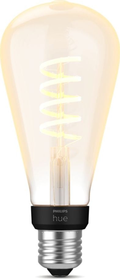 Bec LED inteligent vintage Philips Hue Filament Edison, Bluetooth, Zigbee, ST72, E27, 7W (40W), 550 lm, lumina alba (2200-4500K)