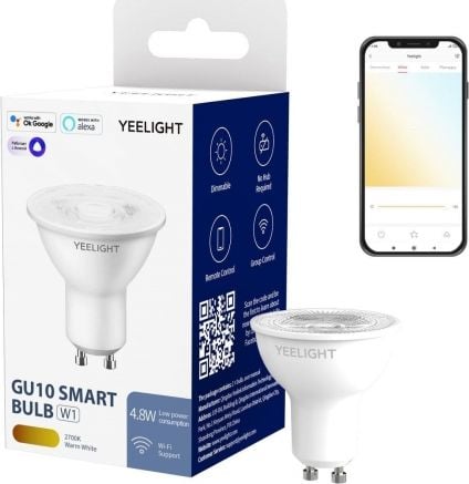 Bec LED inteligent Yeelight YLDP004-1, Wi-Fi, dimabil, GU10, 4.8W, 350 lm, lumina calda (2700K), compatibil Google Assistant/SmartThings/Amazon Alexa