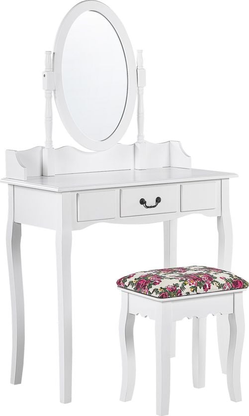 Beliani Masuta de toaleta 1 sertar oglinda ovala si taburet alb SOLEIL
