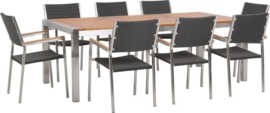 Beliani Zestaw ogrodowy stół drewniany eukaliptus i 8 krzeseł rattanowych czarnych GROSSETO