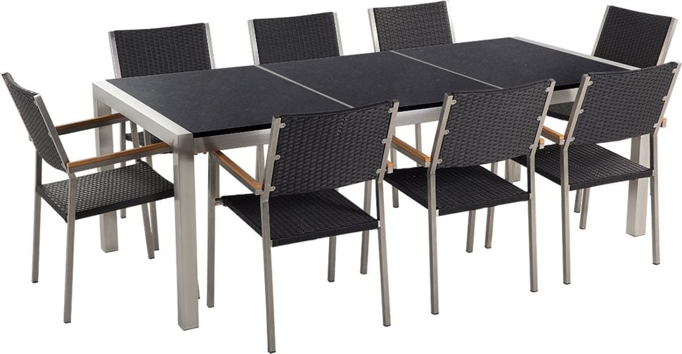 Beliani Zestaw ogrodowy stół granitowy dzielony blat czarny i 8 krzeseł rattanowych czarnych GROSSETO