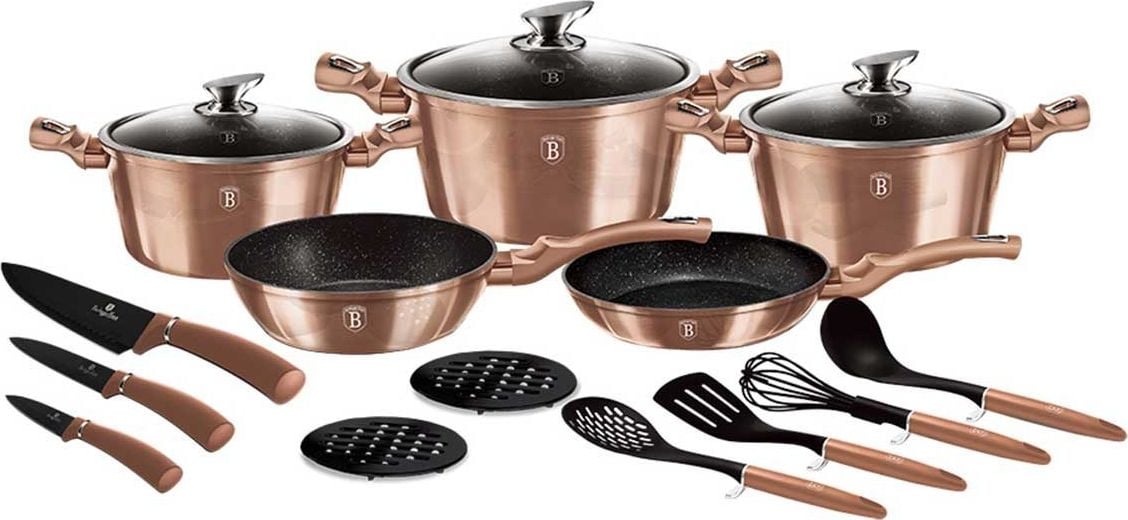 Set oale si tigai marmorate (17 piese) din aluminiu forjat Rose Gold (Cupru) Metallic Berlinger Haus BH 6161