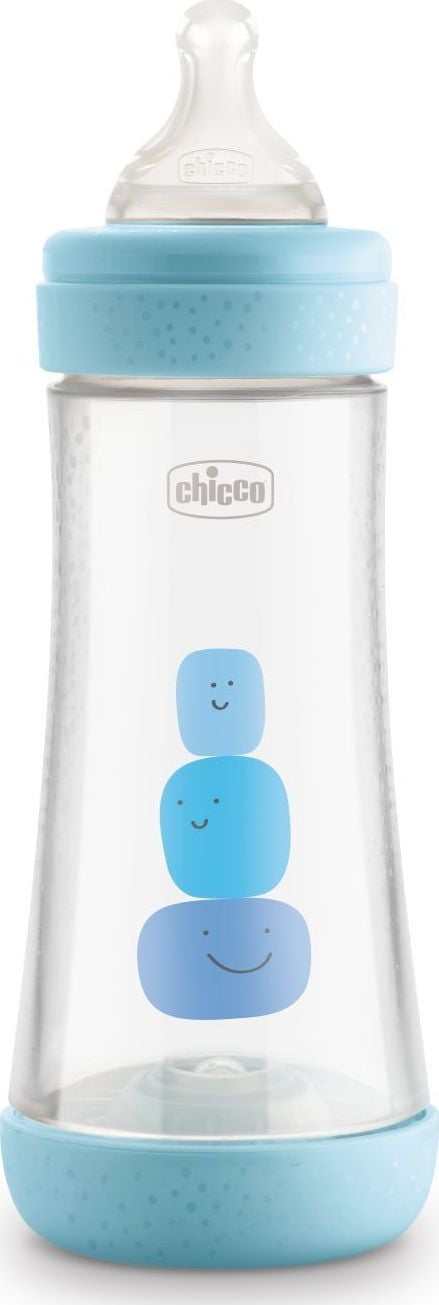 Biberon Chicco CHI000277 Perfect 5 Intui-flow, din polipropilena cu tetina din silicon 300 ml, 4 luni+, Albastru