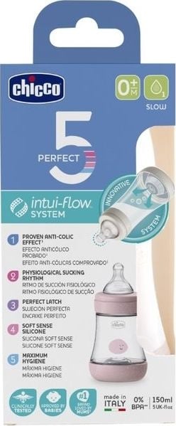 Biberon din polipropilena cu tetina din silicon 150 ml Chicco Perfect 5 Intui-flow 121939RZ, Roz 0 luni+