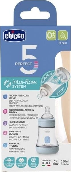 Biberon din polipropilena cu tetina din silicon 150 ml Chicco Perfect 5 Intui-flow 121946, Albastru 0 luni+