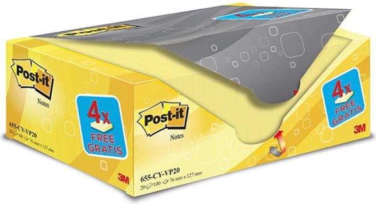 Bloc autopropulsat 3M POST-IT® (655CY-VP20), 127x76mm, (20+4)x100 carduri, galben