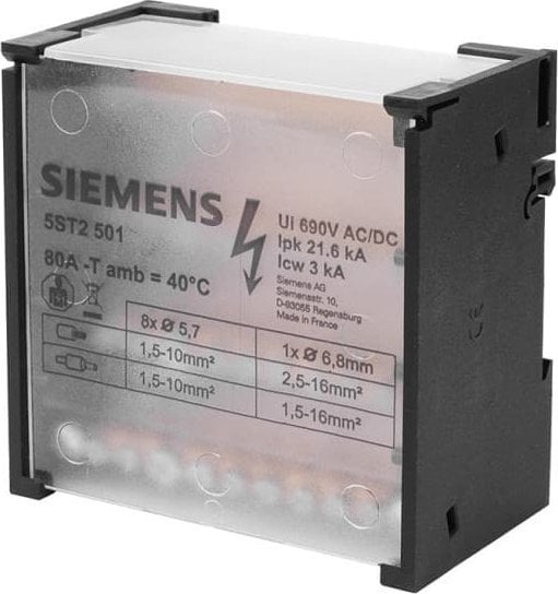 Bloc de distribuție Siemens 80A 4P 500V 1x6-16mm2 + 8x4-10mm2 DIN 5ST2501