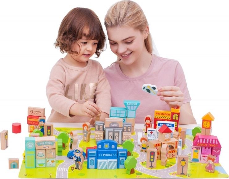 Blocuri de constructie, Teddies, Lemn, 120 buc, Multicolor