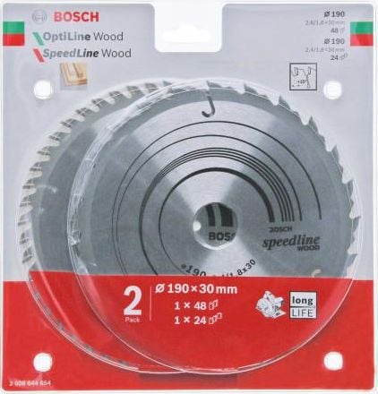 Ferăstrău circular Bosch Pachet de două Optiline Wood 190x2.6/1.6x30x48z + Speedline Wood 190x2.4/1.8x30x24z B2608644654