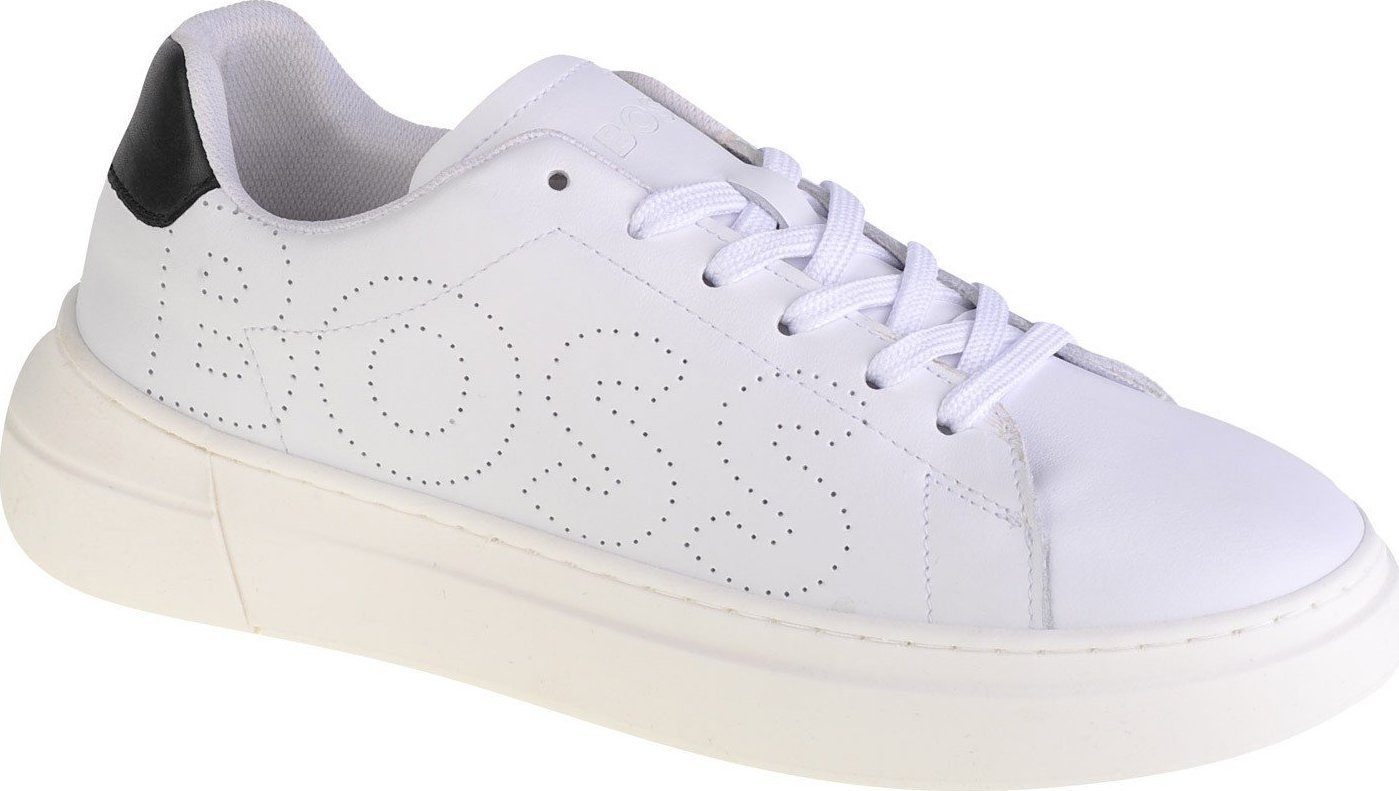 BOSS Kidswear, Pantofi sport de piele cu logo supradimensionat, Alb, Negru, 33 EU